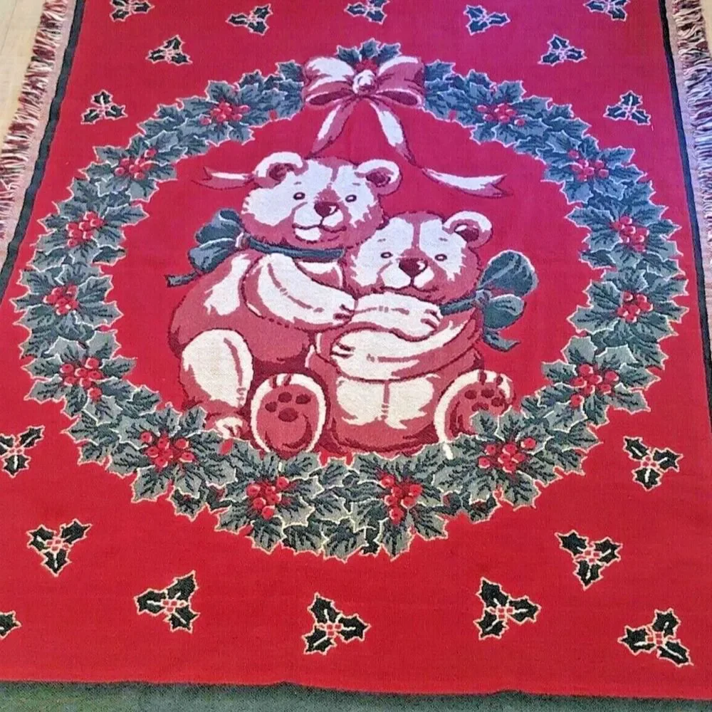 Fieldcrest Christmas Bears Woven Tapestry Throw Blanket VTG Holiday Grandma-core